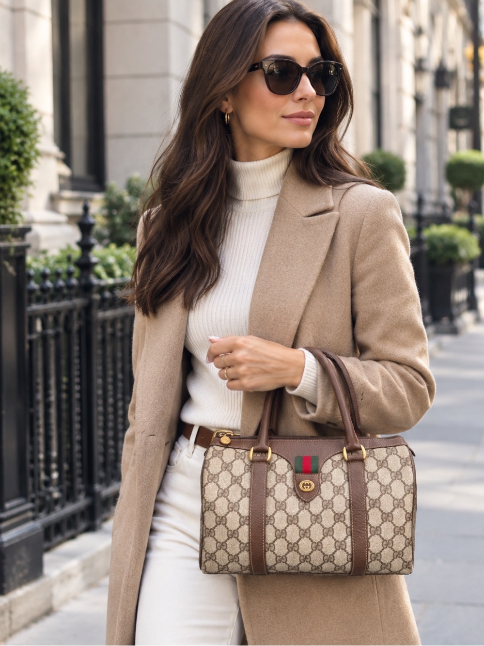 Authentic Gucci brown monogram coated canvas small Boston bag brown leather
